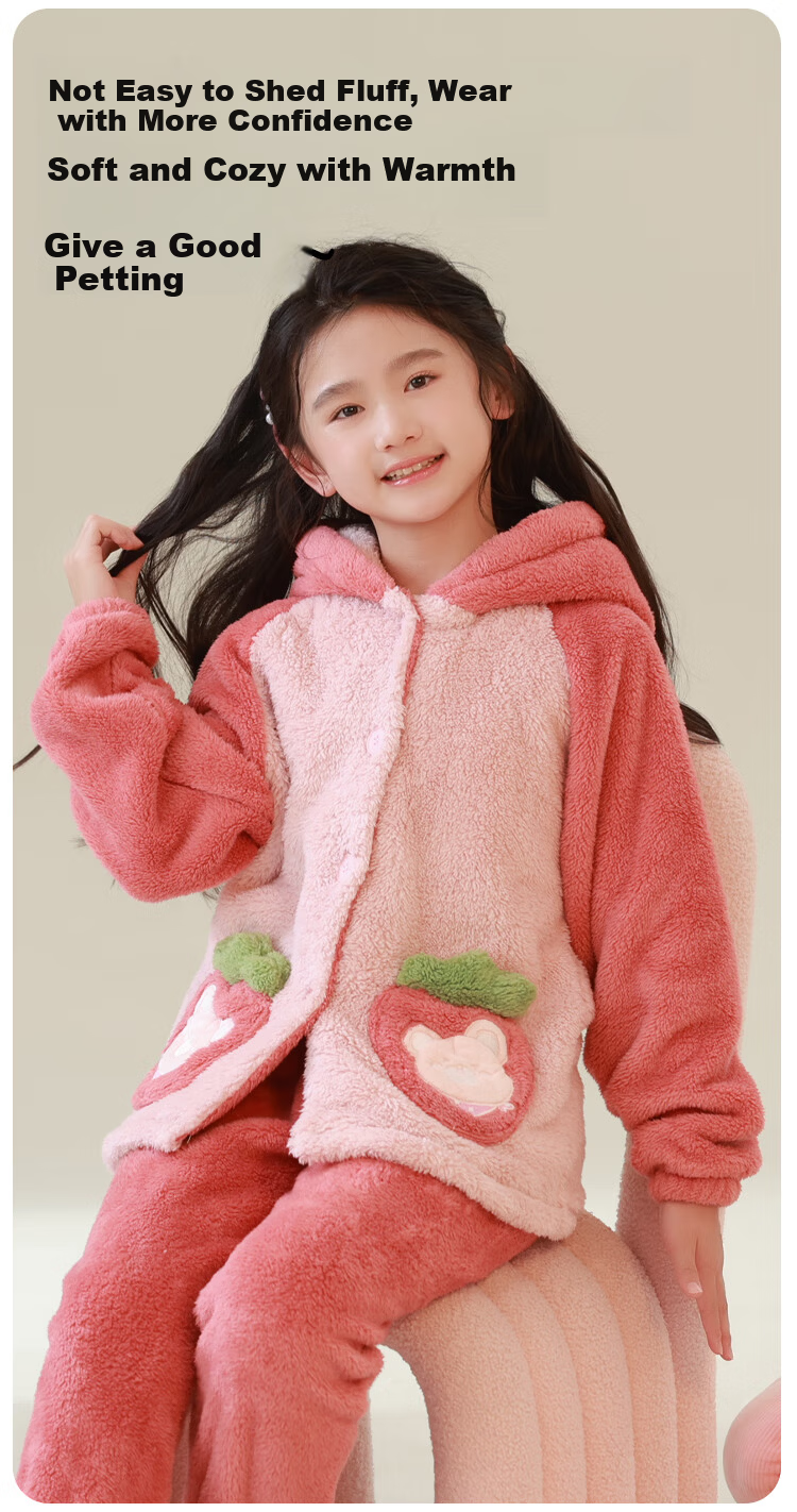 MiiOW Kids Girls Flannel Hooded Coral Fleece Pajama Set Thickened Autumn Winter 24 New Style 150cm 1