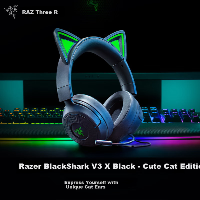 Razer Kraken V3X Wired Gaming Headset Cat Ear Edition Black Compatible with CSGO PUBG Delta