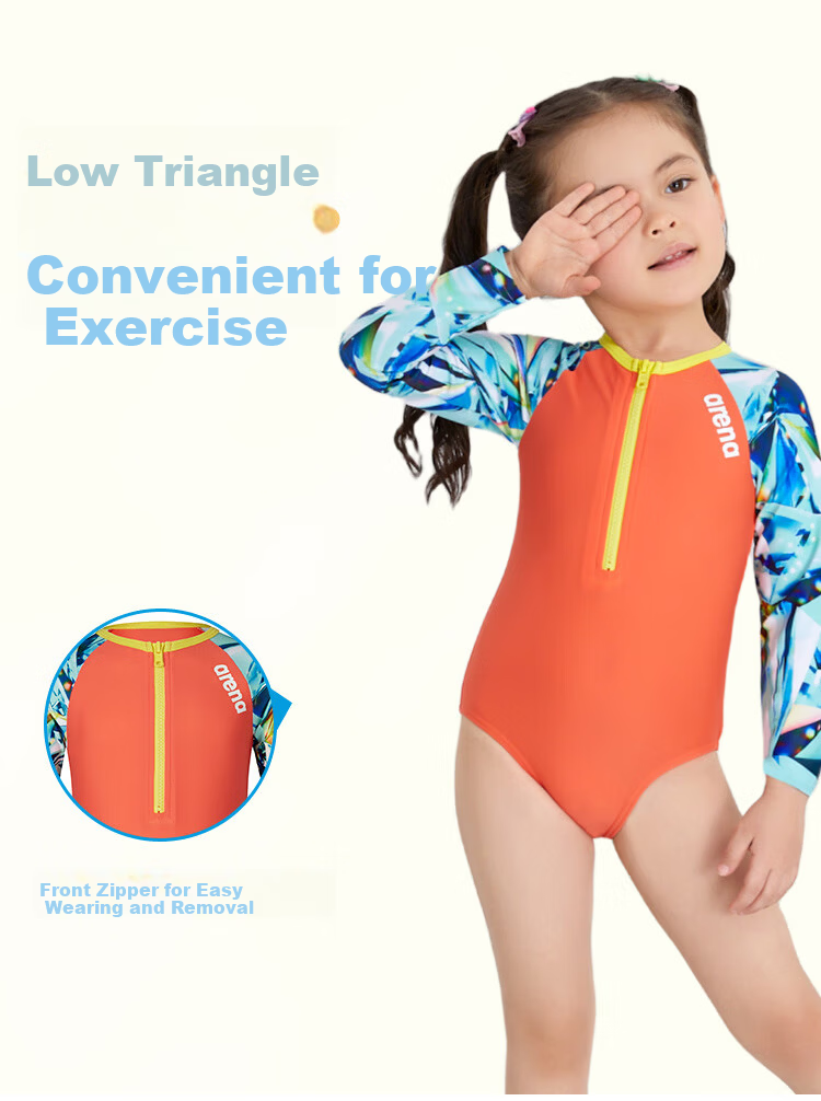 Arena Kids Girls Long Sleeve Triangle One-Piece Swimsuit UV Protection Quick-Dry Comfortable Chlorine-Resistant High Elasticity Sport Fit 3