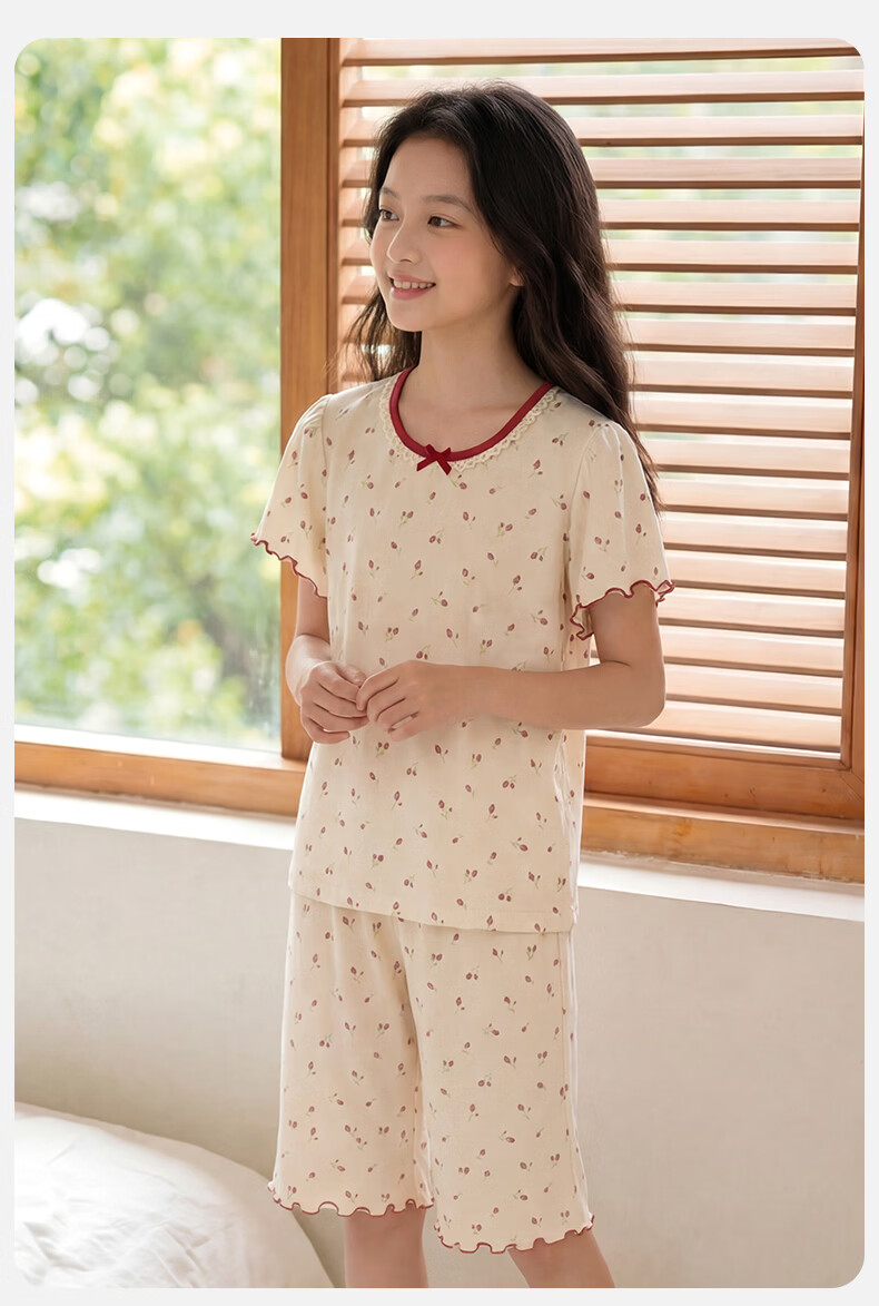 Dingguagua Girls' Short Sleeve Summer Pajama Set, Lightweight A-Class Pure Cotton Breathable Sleepwear for Ages 6-12, Junior High School Student Size 170 12