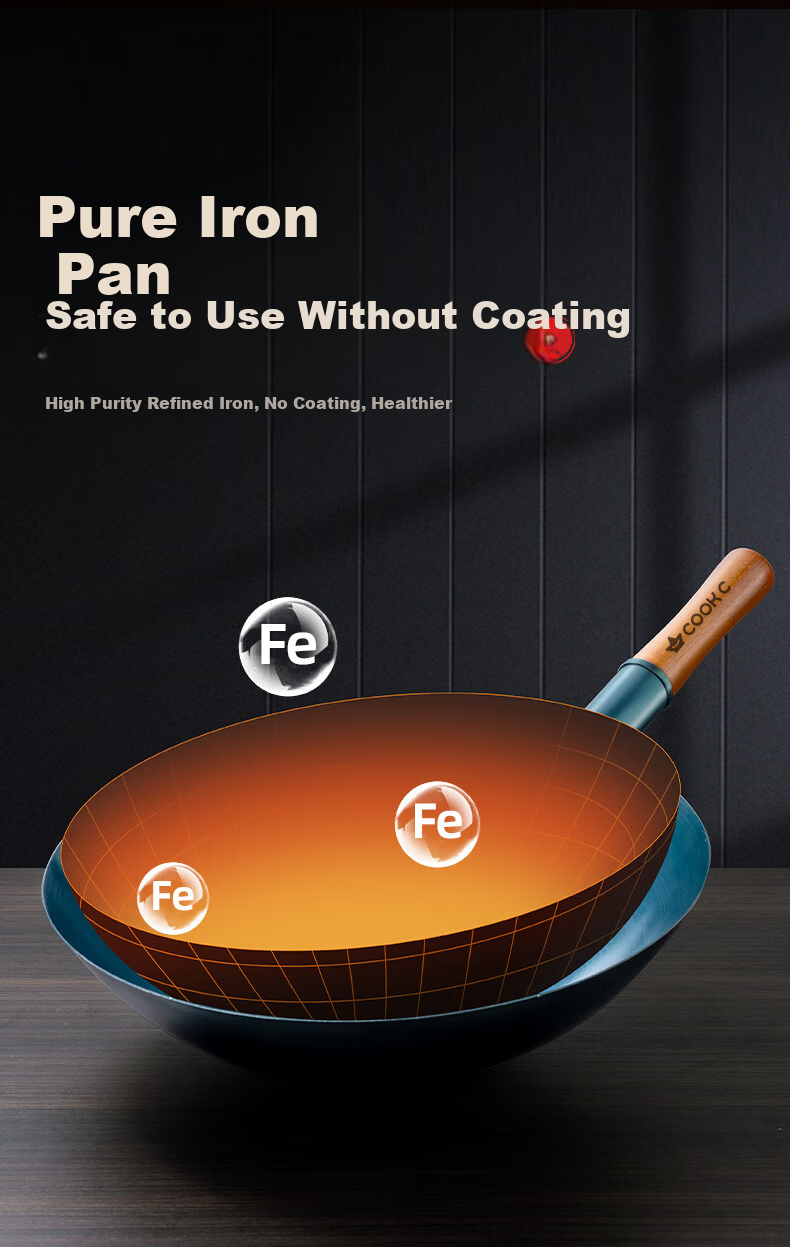 CHUI DA REN Zhangqiu Handmade Forged Iron Wok Round Bottom Traditional Stir-Fry Pan Non-Coated Non-Stick Gas Stove Compatible No Lid 32cm 8