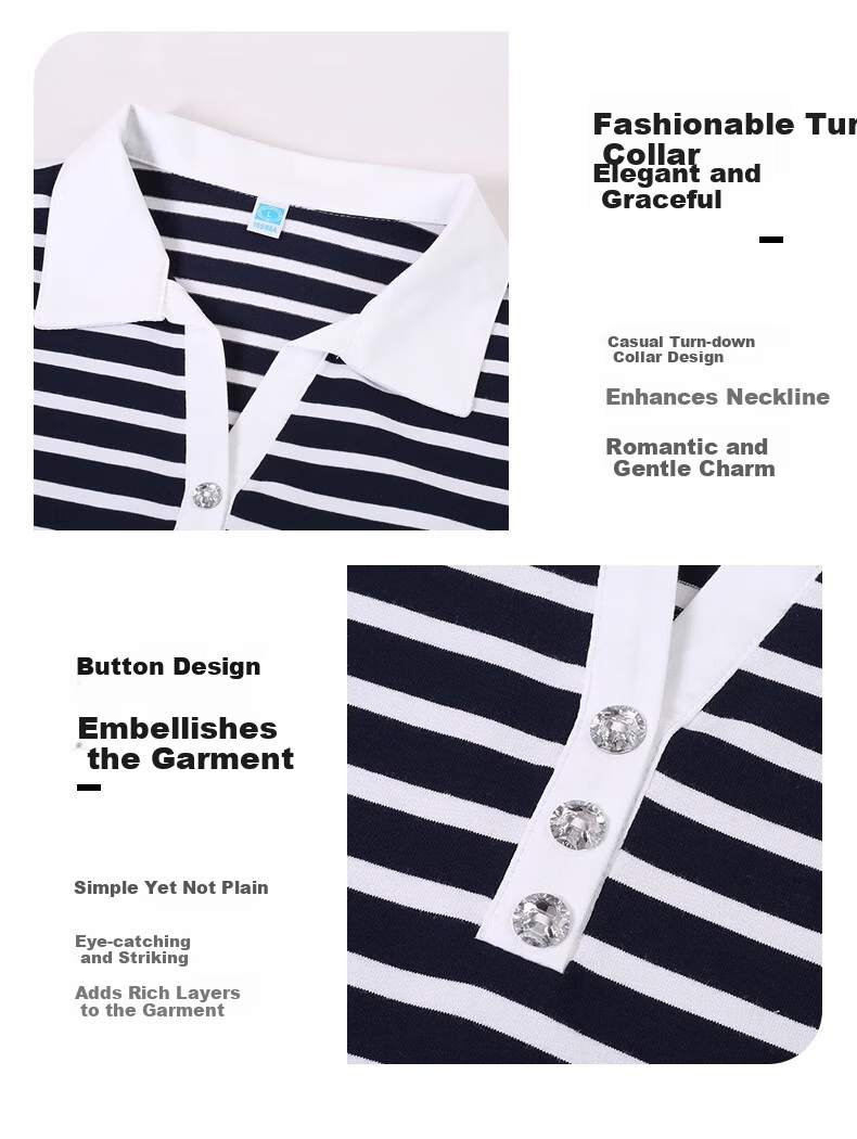 Woodpecker Pure Cotton Polo Collar Short Sleeve T-Shirt Women Summer Striped Polo Shirt Loose Plus Size Black White L 6