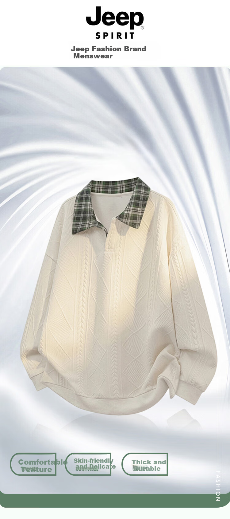 JEEP SPIRIT Men's Spring Loose Fit Trendy Plaid Casual Polo Shirt with Faux Two-Piece Design Beige M 1