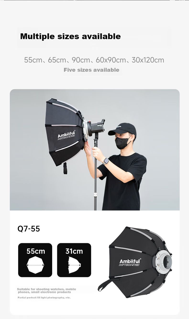 AMBITFUL ZhiJie Q7 Quick-Install Deep Octagonal 55CM Softbox with Bowens Mount Soft Diffuser for Godox SL150III Live Streaming Photography Light 12