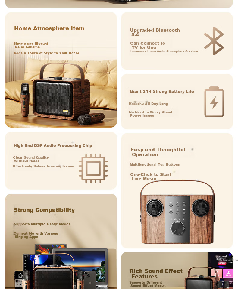 IKF M1 Wireless Karaoke Microphone Speaker All-in-One Home KTV Outdoor Bluetooth Speaker Wood Grain Brown 8