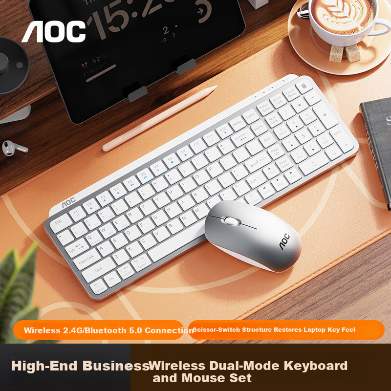 AOC KM600 Wireless Bluetooth Keyboard and Mouse Set Dual-Mode Rechargeable Scissor-Switch Spill-Resistant Universal for Laptop White