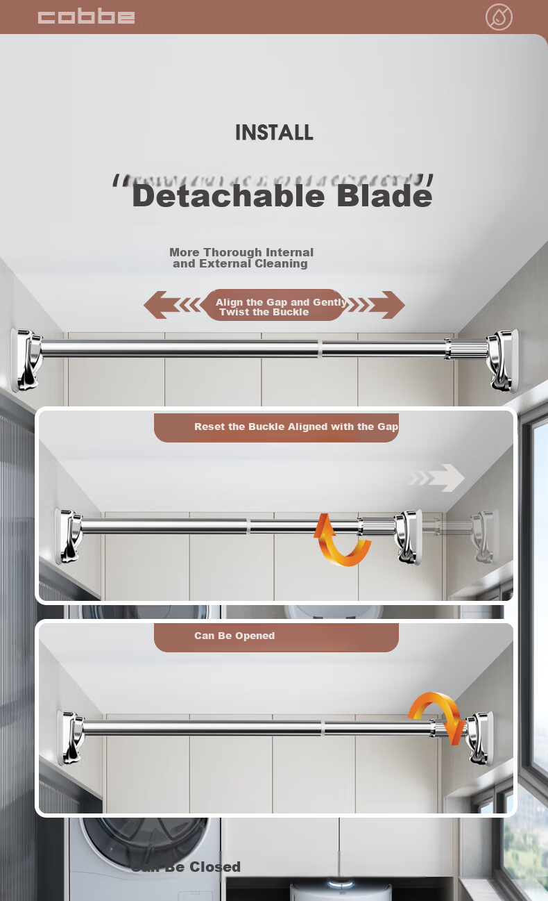 Cobbe No-Drill Telescopic Clothes Drying Rod Balcony Clothes Rack Support Rod Door Curtain Rod Hanging Rod Roman Rod 9