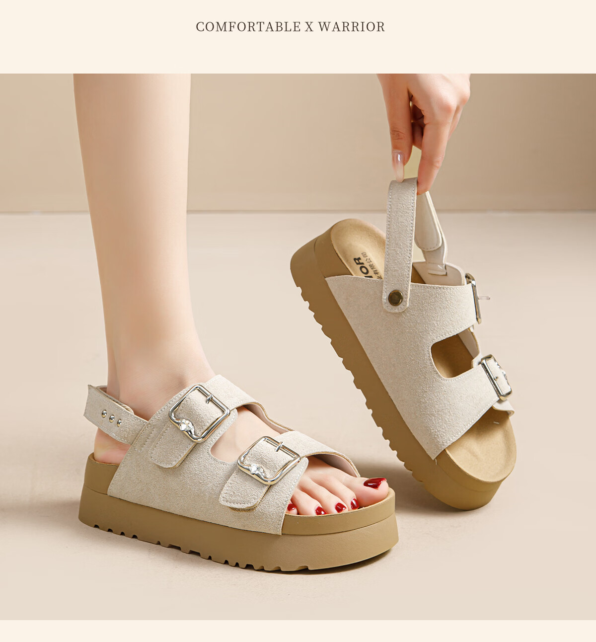 Warrior Thick Sole Birkenstock Style Women's Summer New Casual Sandals Height Increasing Comfortable Beach Shoes Apricot 35 15