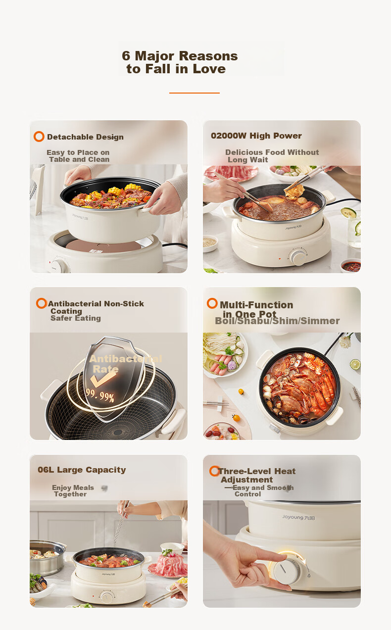 Joyoung ZMD Safety Series Electric Hot Pot IH Heating Multifunctional Cooker 2200W Power Electric Cooking Pot Detachable 6L Large Capacity HG60-G720 2