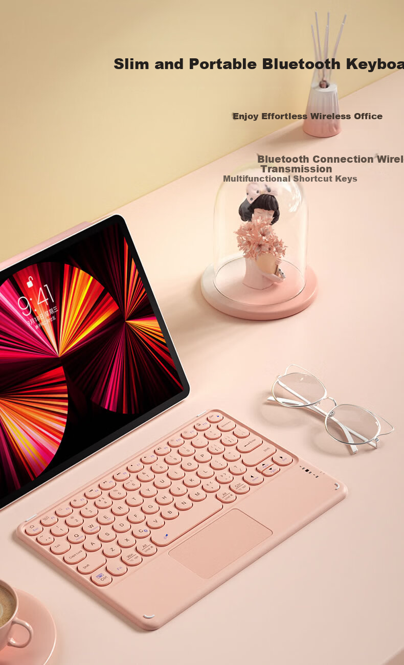 B.O.W Hangshi HB252 Ultra-thin Bluetooth Wireless Touch Keyboard for iPad Xiaomi Huawei Apple Tablet Mobile Laptop Silent Rechargeable Keyboard Pink 1