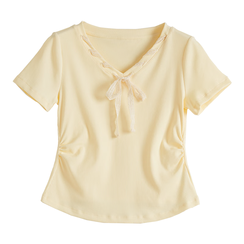 Sllsky Yellow Bow Tie V-Neck Short Sleeve T-Shirt Summer Women's Stylish Waist-Cinching Top