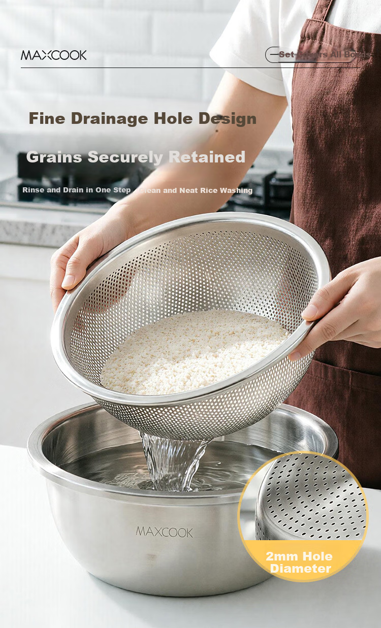 MAXCOOK 316L Stainless Steel Bowl and Sieve 3-Piece Set Thickened Seasoning Bowl, Vegetable Washing Bowl, Dough Mixing Bowl, Rice Sieve MCWA5653 8