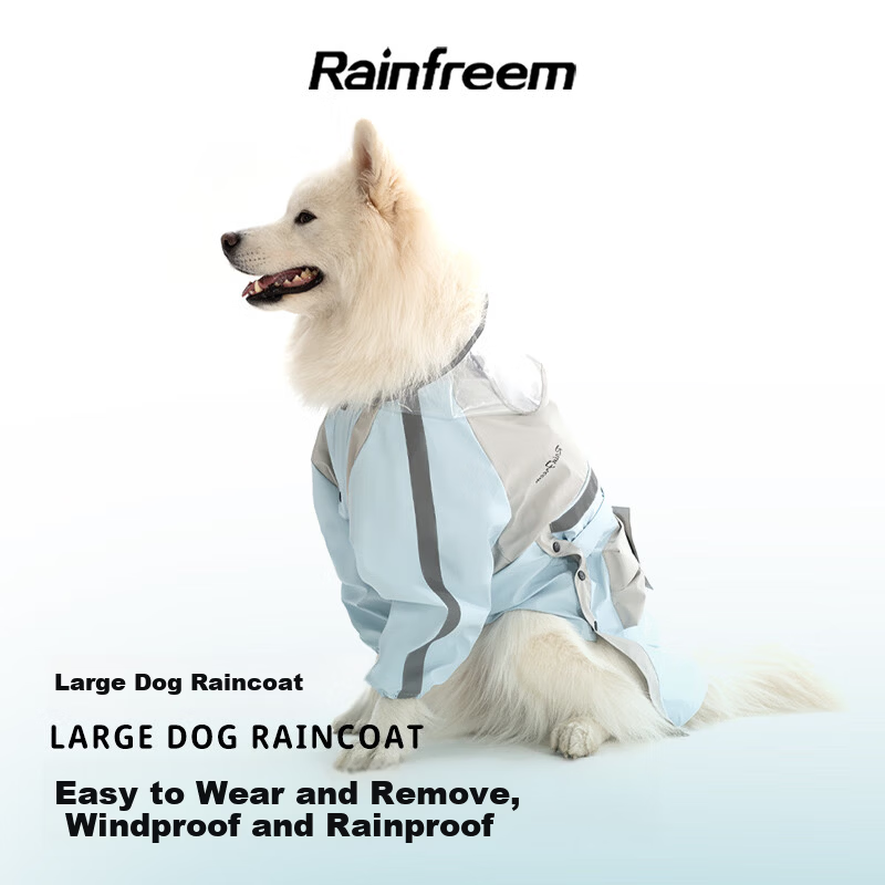 Qinfiman Dog Raincoat Large Dog Waterproof Hooded Rain Jacket for Golden Retriever Samoyed Alaskan Frost Blue 4XL