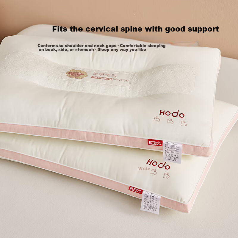 Hongdou 10% Cashmere Protein Neck Support Pillow for Cervical Spine Deep Sleep 48x74cm Pink