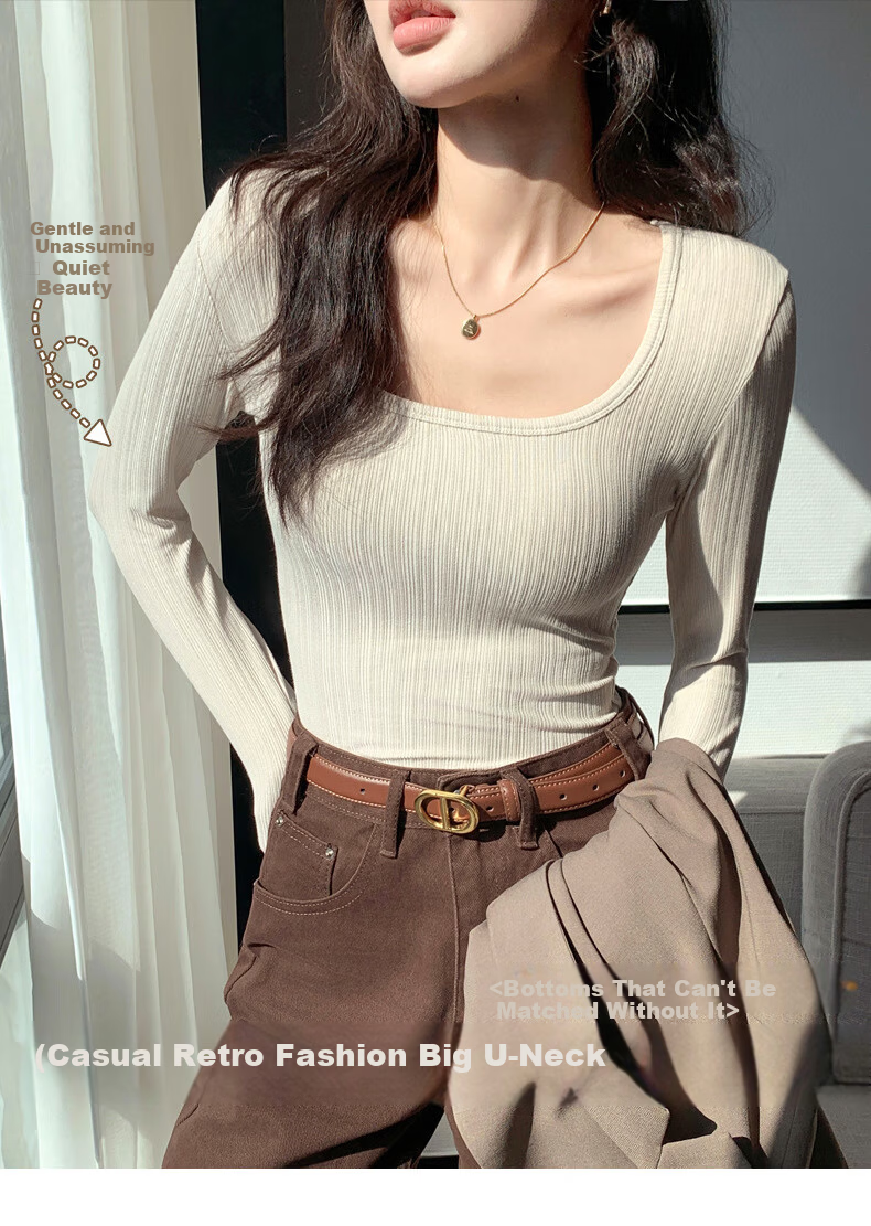 LangSha Women's Slim Fit U-Neck Long Sleeve T-Shirt Autumn 2025 New Stylish Basic Top 1