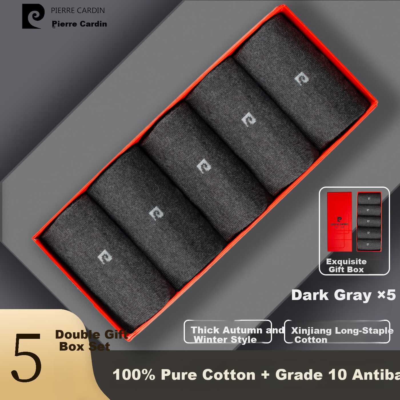 Pierre Cardin Men's 100% Cotton Socks Four Seasons Antibacterial Odor-Resistant Mid-Calf Seamless Autumn Winter Business Cotton Socks Gift Box