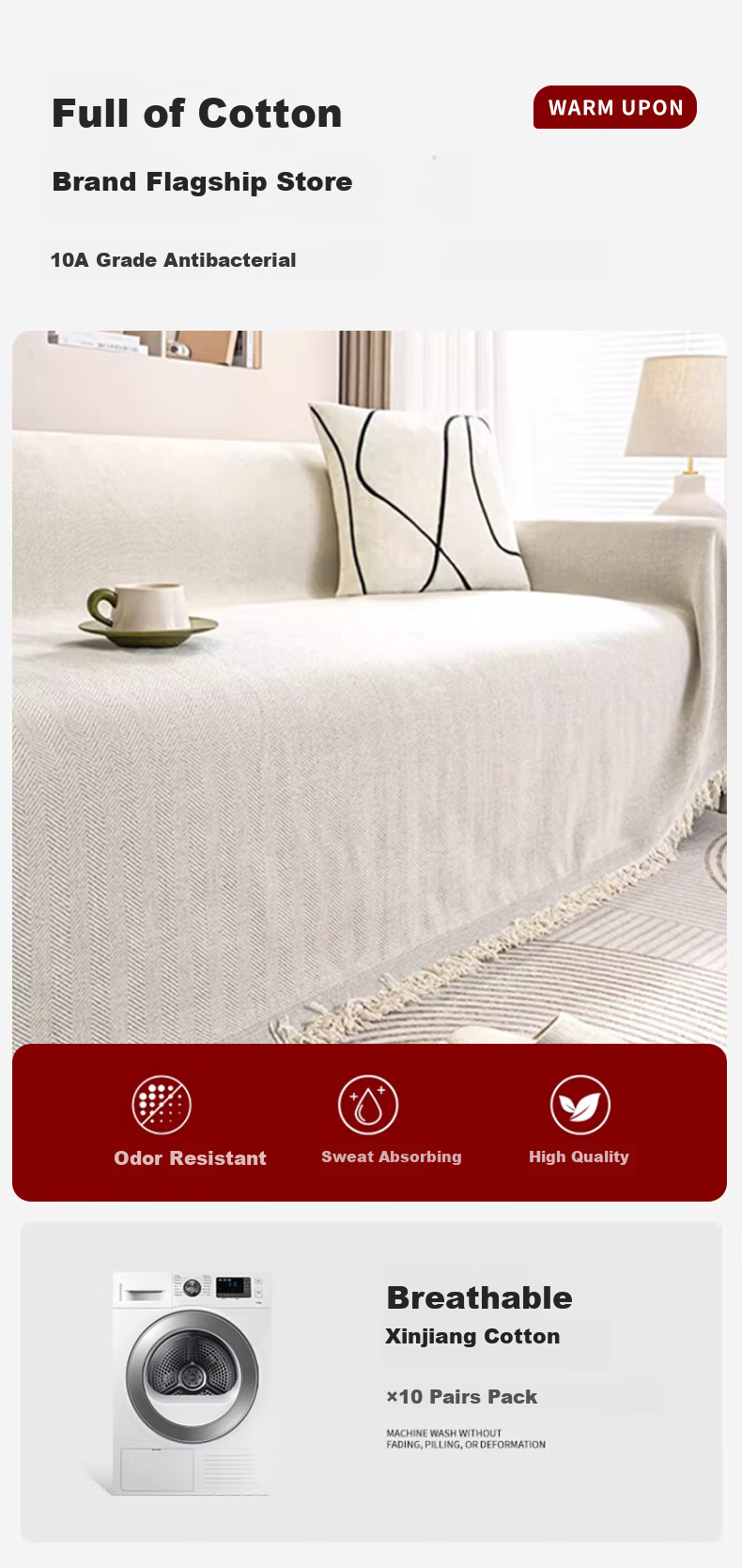 MUJI Sofa Cover Full Coverage Four Seasons Non-Slip Sofa Slipcover 180x420cm Herringbone Beige 5