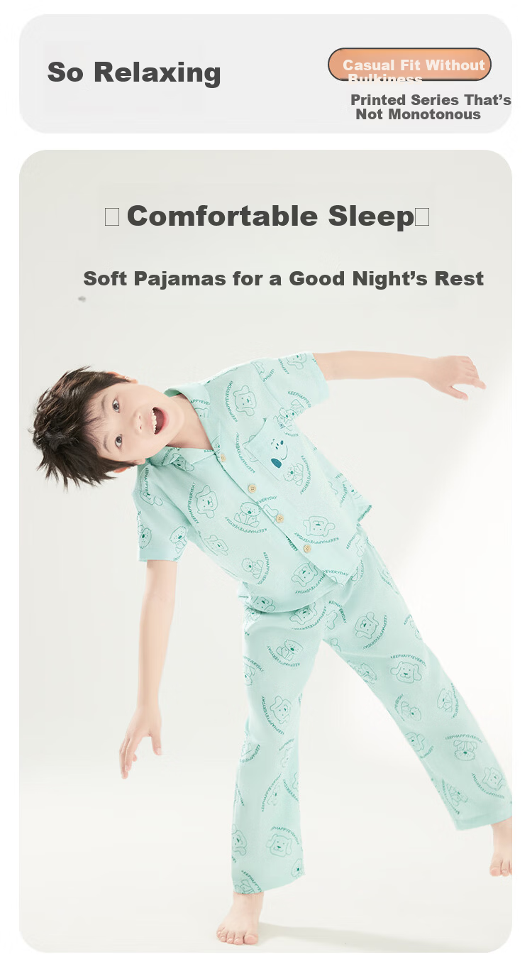 Hodohome Boys' Cotton Double-Layer Gauze Plaid Pajama Set, Short Sleeve Cardigan and Long Pants, Mall Same Style, Size 109-110 7