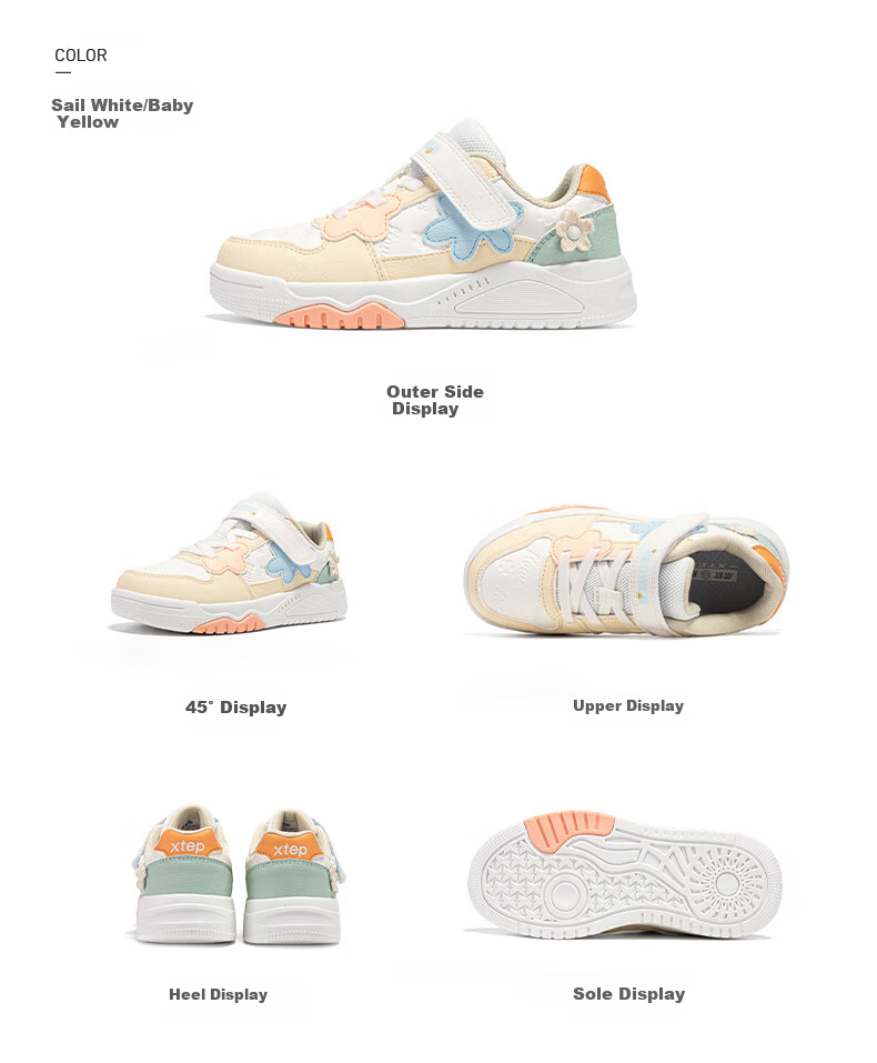 XTEP Kids Girls Flower Velcro Leather Panel Shoes Sail White/Peach Pink Size 28 15