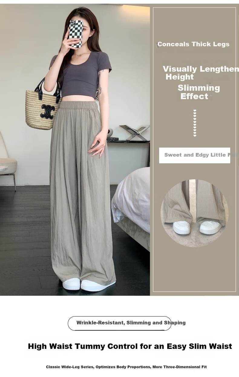 LangSha Ice Silk Wide-Leg Pants for Women, Summer High-Waisted Draping Straight Cotton Linen Casual Trousers, Japanese-Style Yamamoto Pants, Women's Lazy Style 10