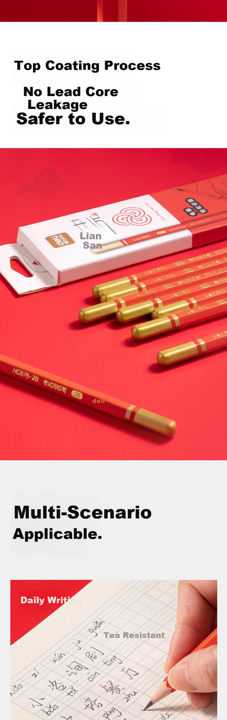 Deli 6-Pack 2B Writing Pencils Safe Graphite Sketch Drawing Pencils Student Office Study Exam Pencils HC676-2B Back to School Stationery 3
