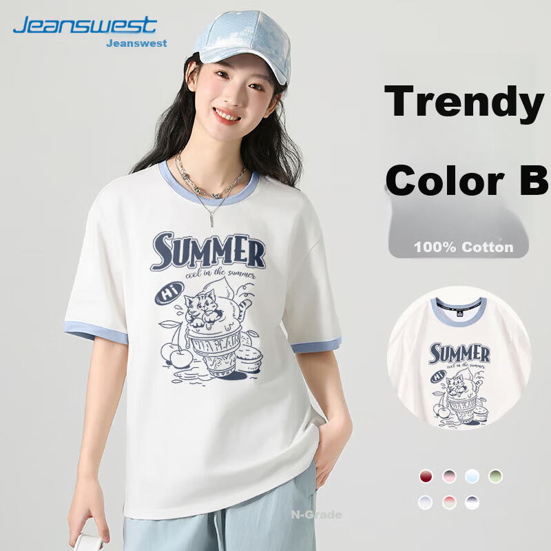 Jeanswest Women's Short Sleeve T-Shirt 2025 Summer New Casual Dopamine Trendy Colorblock Cotton Tee