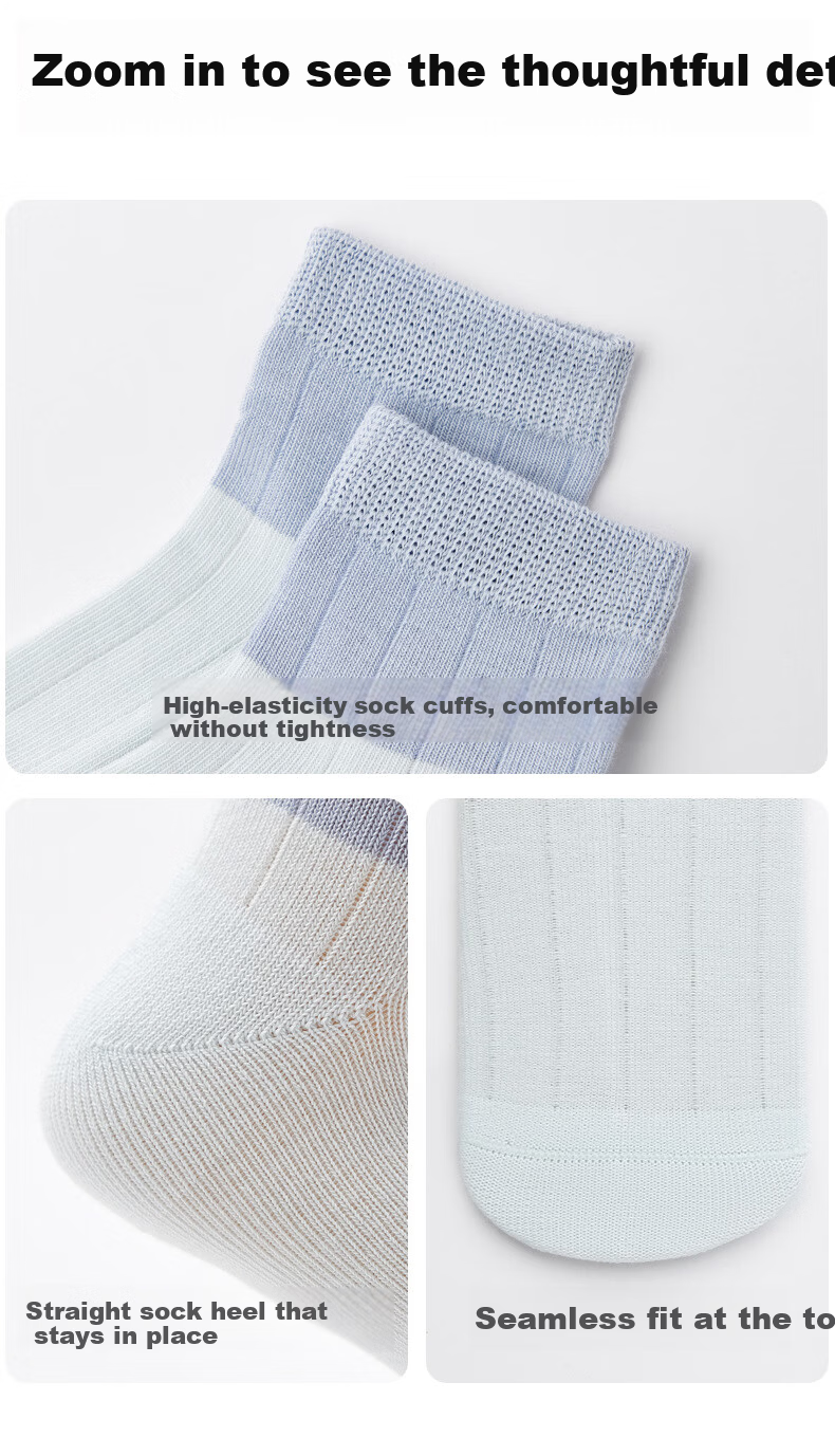Five Cotton 5-Pair Pack Baby Socks Combed Cotton Breathable Children's Mid-Calf Socks Color Block Seamless Soft Cuff Baby Cotton Socks Class A 5