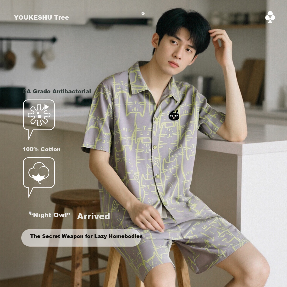 Youkeshu Men's 2-Piece Pajama Set 100% Combed Cotton 2026 New Mall Edition 5A Antibacterial Youth Loungewear
