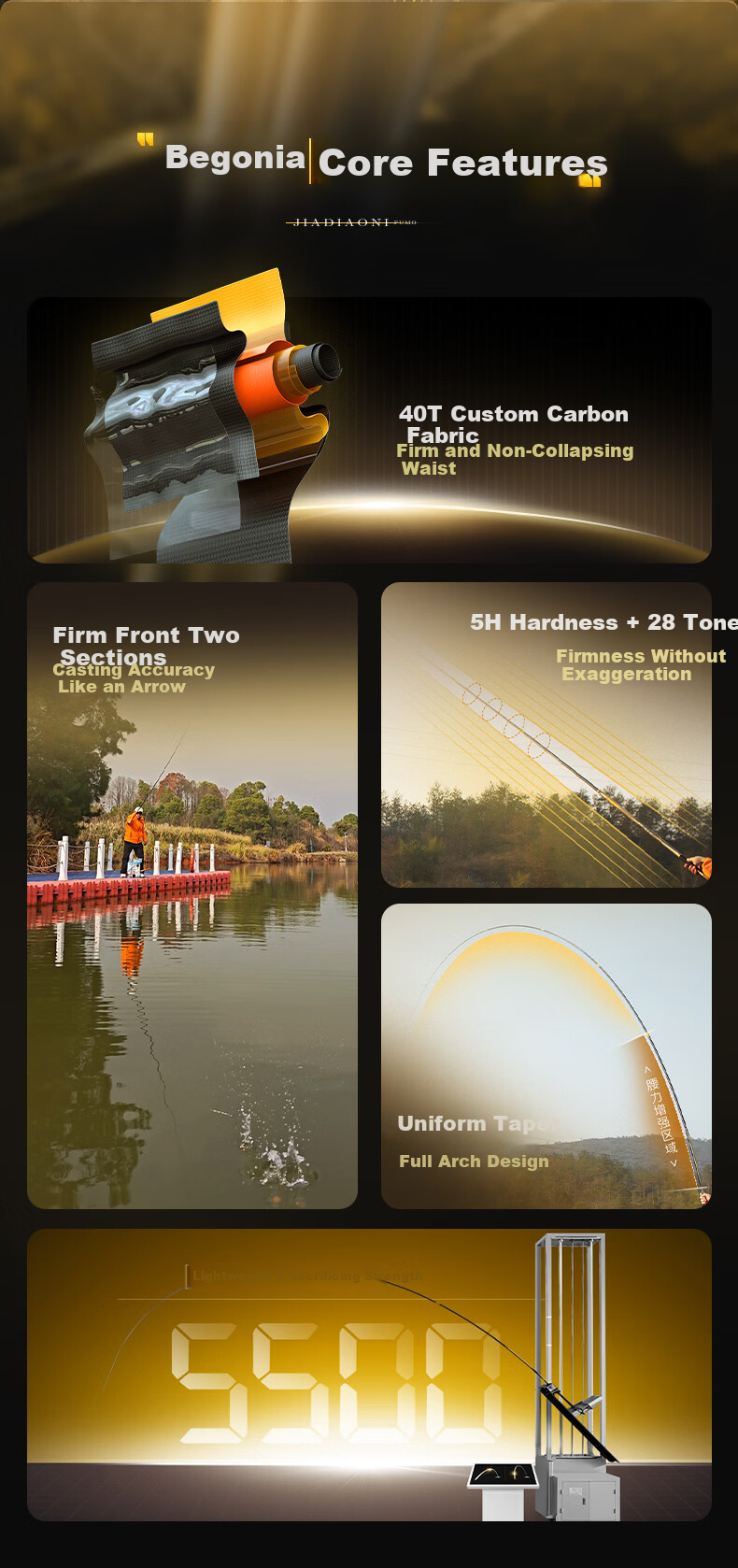 JIADIAONI Begonia Carbon Fiber Fishing Rod for Wild Fishing, Super Light and Super Hard Black Pit Big Fish Rod 5.4m 2