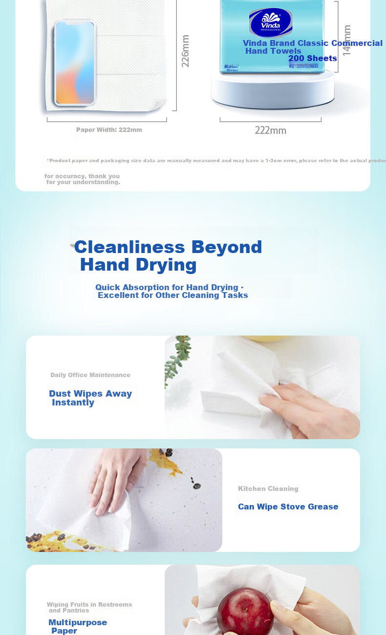 Vinda Commercial Business Hand Towels 1-Ply 200 Sheets * 20 Packs XL Size Absorbent Oil-Absorbing Dry Hand Paper Full Box 5