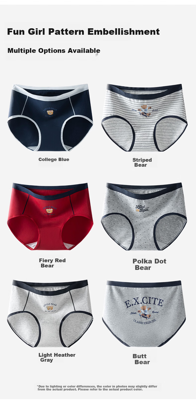 UFEEL Cotton Gusset Bear Print Girls' Underwear 2XL 140-160 Jin Striped Bear + Light Heather Gray + Polka Dot Bear 3-Pack 15