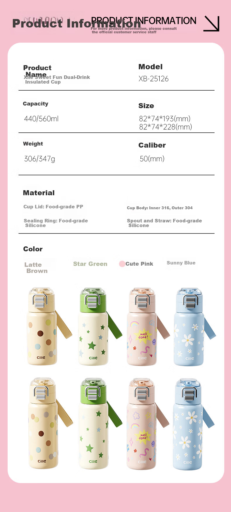Cille Kids Insulated Water Bottle 316 Stainless Steel Student Portable Straw Cup for Boys and Girls 11