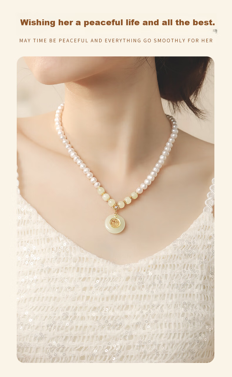 Qike Natural Pearl Necklace with Peace Buckle And Hetian Jade Pendant, Authentic Practical Gift for Wife Or Girlfriend on Valentine's Day 16