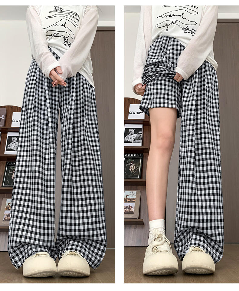 Borui Plaid Casual Pants for Women 2026 New Spring Summer Lightweight Loose Wide-Leg Pants Black XL 25