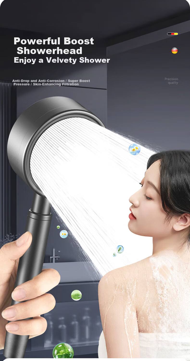HOMK German Pressurized Shower Head 304 Stainless Steel High-Pressure Shower Sprayer 3