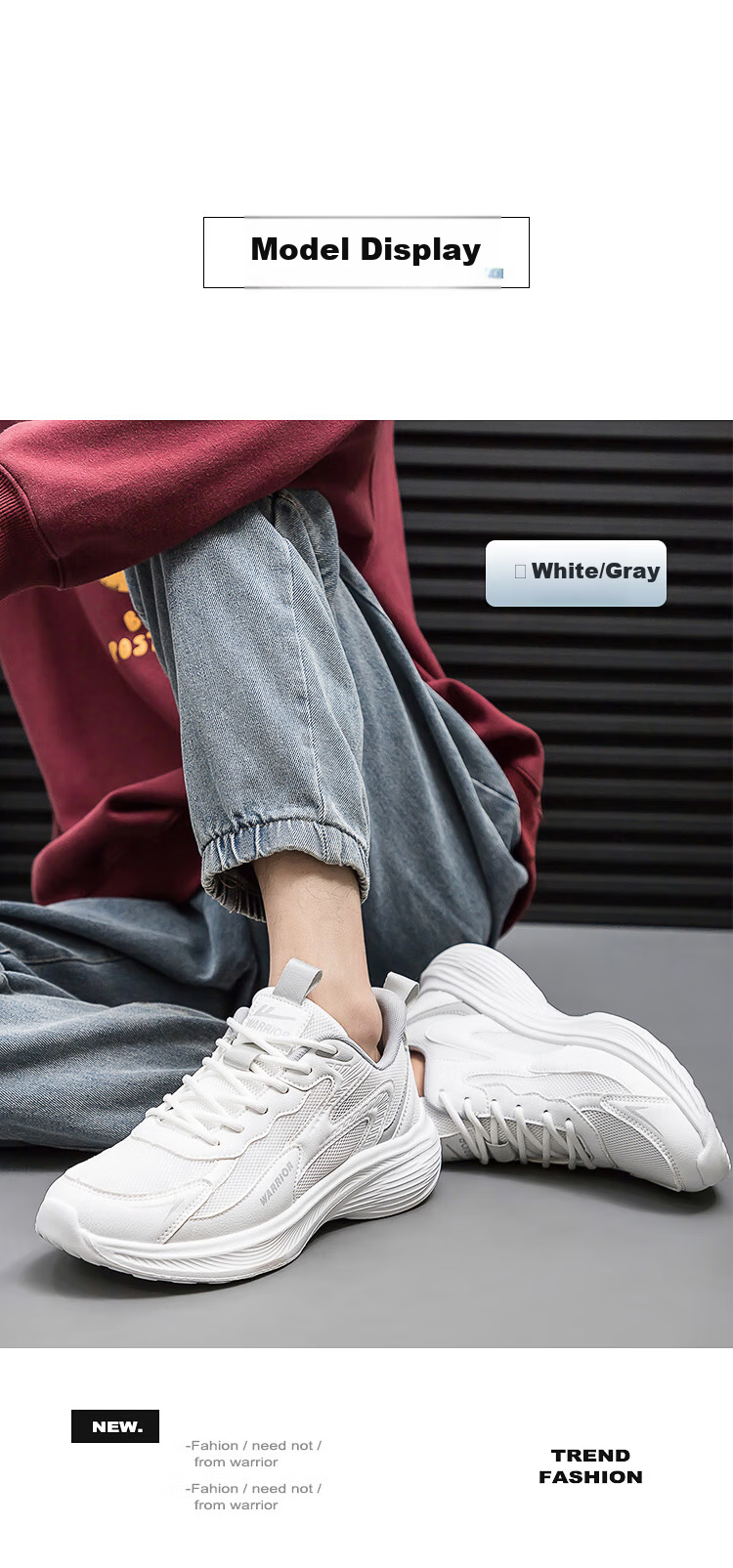 Warrior Official Men's Sports Shoes 2026 Spring New Trendy Thick-Soled Height-Increasing Shoes for Men White Gray Size 40 10