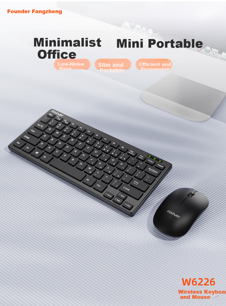 Founder W6226 Chocolate Keycaps Wireless Mini Keyboard and Mouse Set Portable Ultra-thin External Laptop Small Keyboard Wireless Compact Keyboard and Mouse Set Black 1