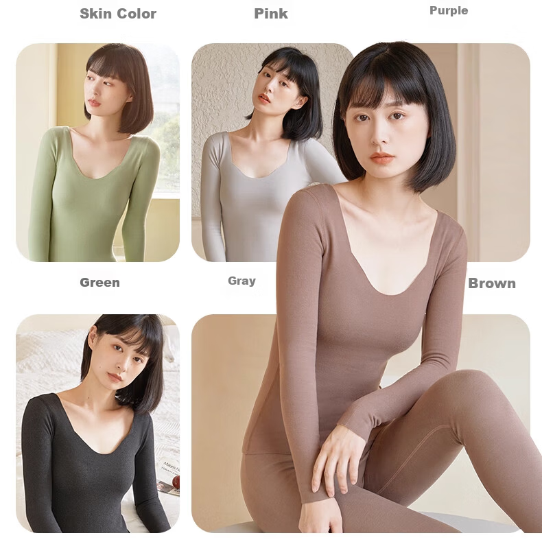 Urban Beauty Women's Thermal Underwear Set Autumn Top and Bottom Winter Cashmere Silk Seagull Collar Fleece Thickened Derong Heating Set 17