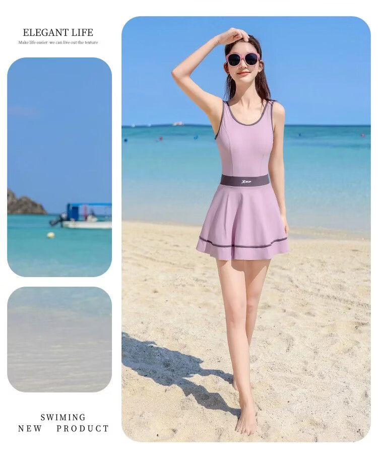 Xtep Women's Sleeveless One-Piece Swim Dress Slimming Tummy Control Conservative Beach Vacation Versatile Swimsuit 7
