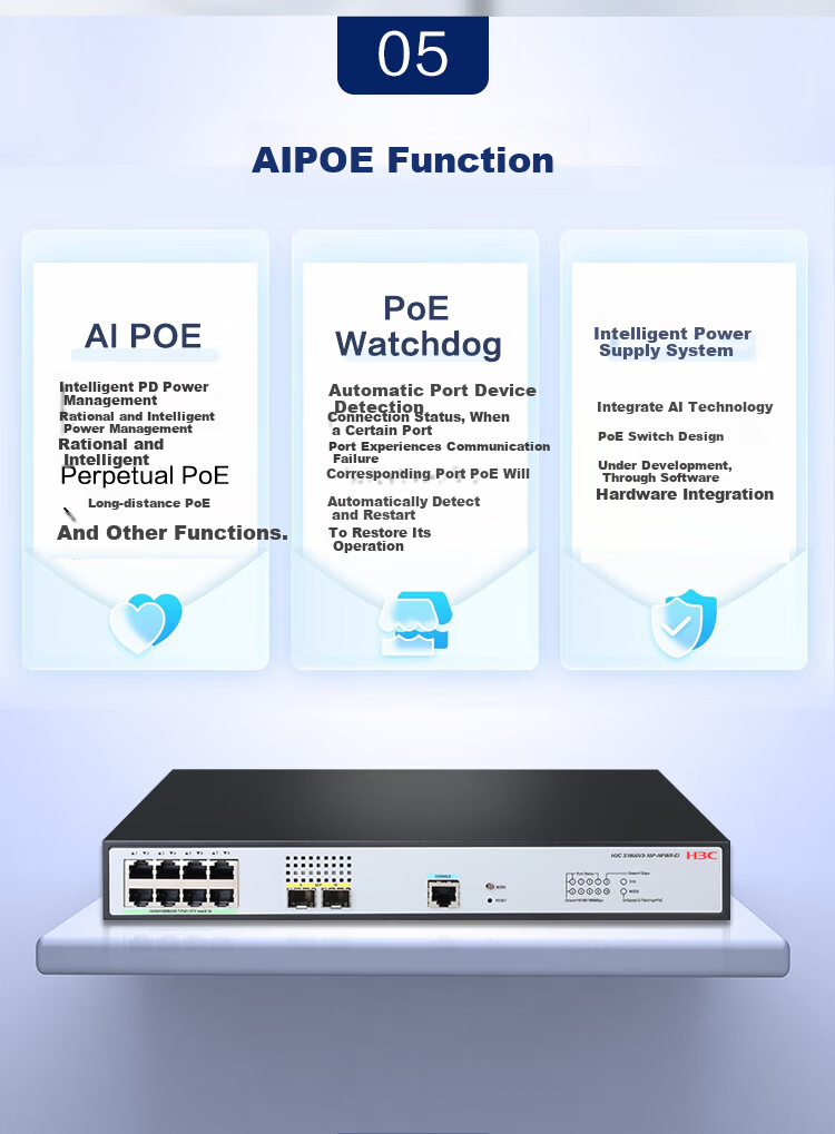 H3C 8 Electrical Ports + 2 Optical Ports, Full Gigabit Layer 2 Web-Managed POE Enterprise-Level Network Switch, Network Cable Power Supply 125W/Port Isolation, S1850V3-10P 6