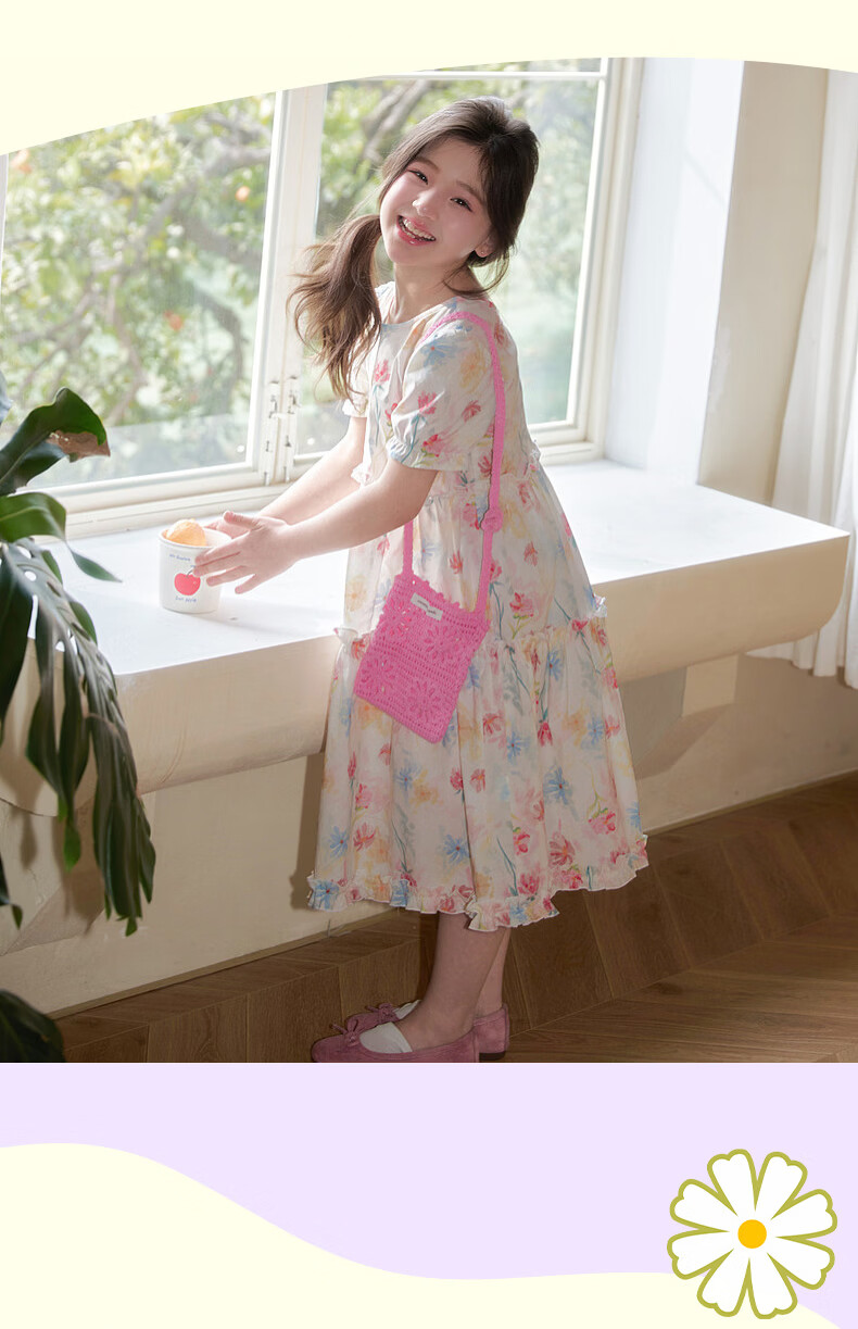 Fulomi Girls Summer Dress Beautiful Princess Dress Sweet Floral Dress Beige 140cm 10