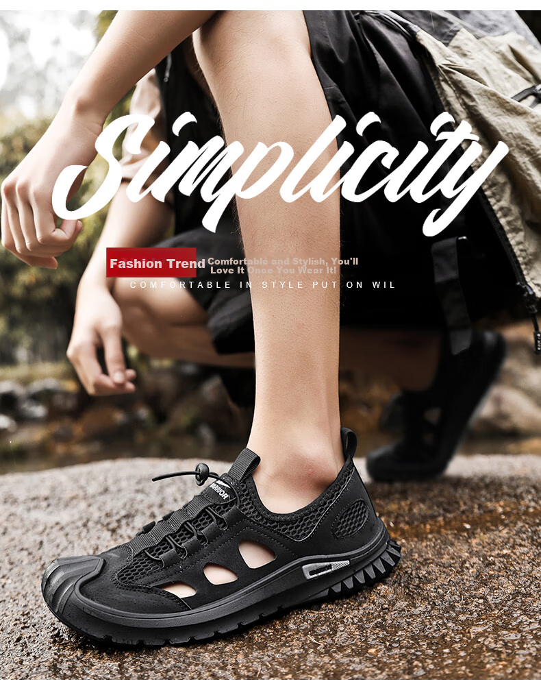 Warrior Men's Beach Sandals Hollow Toe Beach Shoes 1018 Black Size 39 2