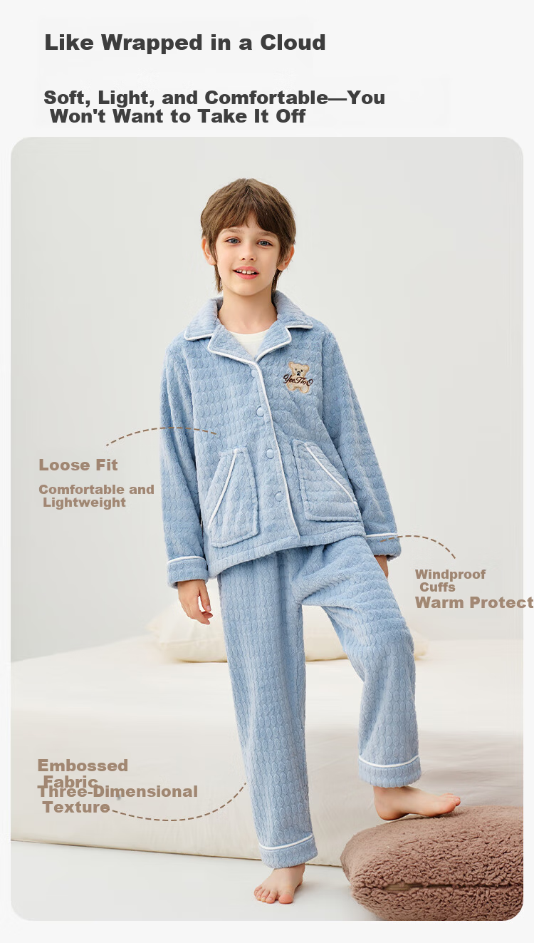 YEEHOO Children's Autumn Winter Fleece Anti-Static Homewear Outerwear Boys Girls Thickened Pajama Set 5