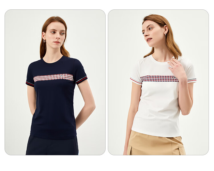 ELLE ACTIVE Casual Colorblock Plaid Short Sleeve T-Shirt Women Summer Simple Versatile Commuter Sports Crew Neck Top White S 9