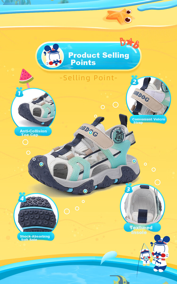 BOBDOG Kids Summer Beach Shoes Boys Closed-Toe Sandals Large Children Shoes 105532108 Black/Light Gray 25 3