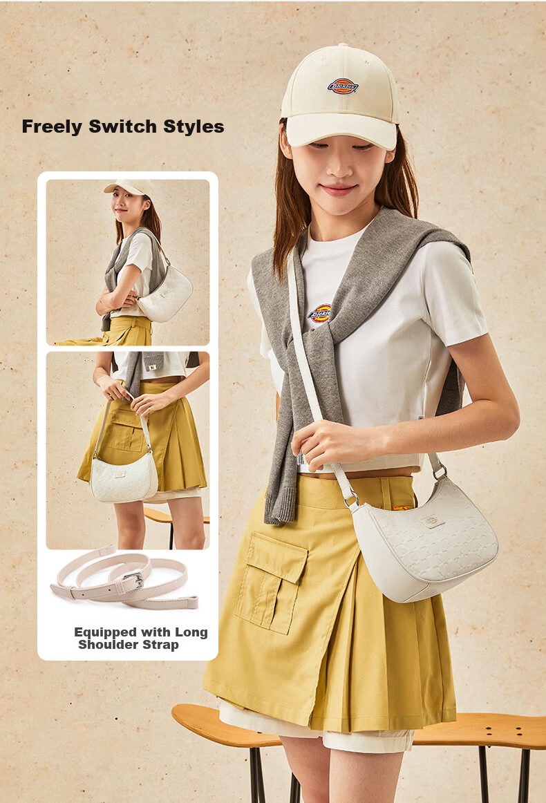 Dickies Women's Shoulder Bag Crossbody Bag Versatile Compact Monogram Print Handheld Underarm Bag Commuter Travel Small Bag Cream Almond White 8