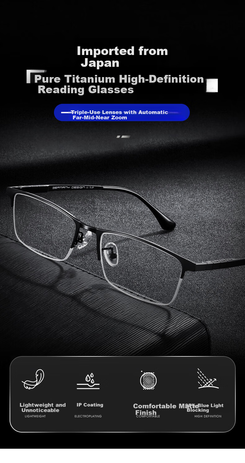 CAPONI Japanese Imported Pure Titanium Bifocal Reading Glasses for Men Ultra-Light Semi-Rimless Smart Zoom Genuine Driving and Walking Use 1