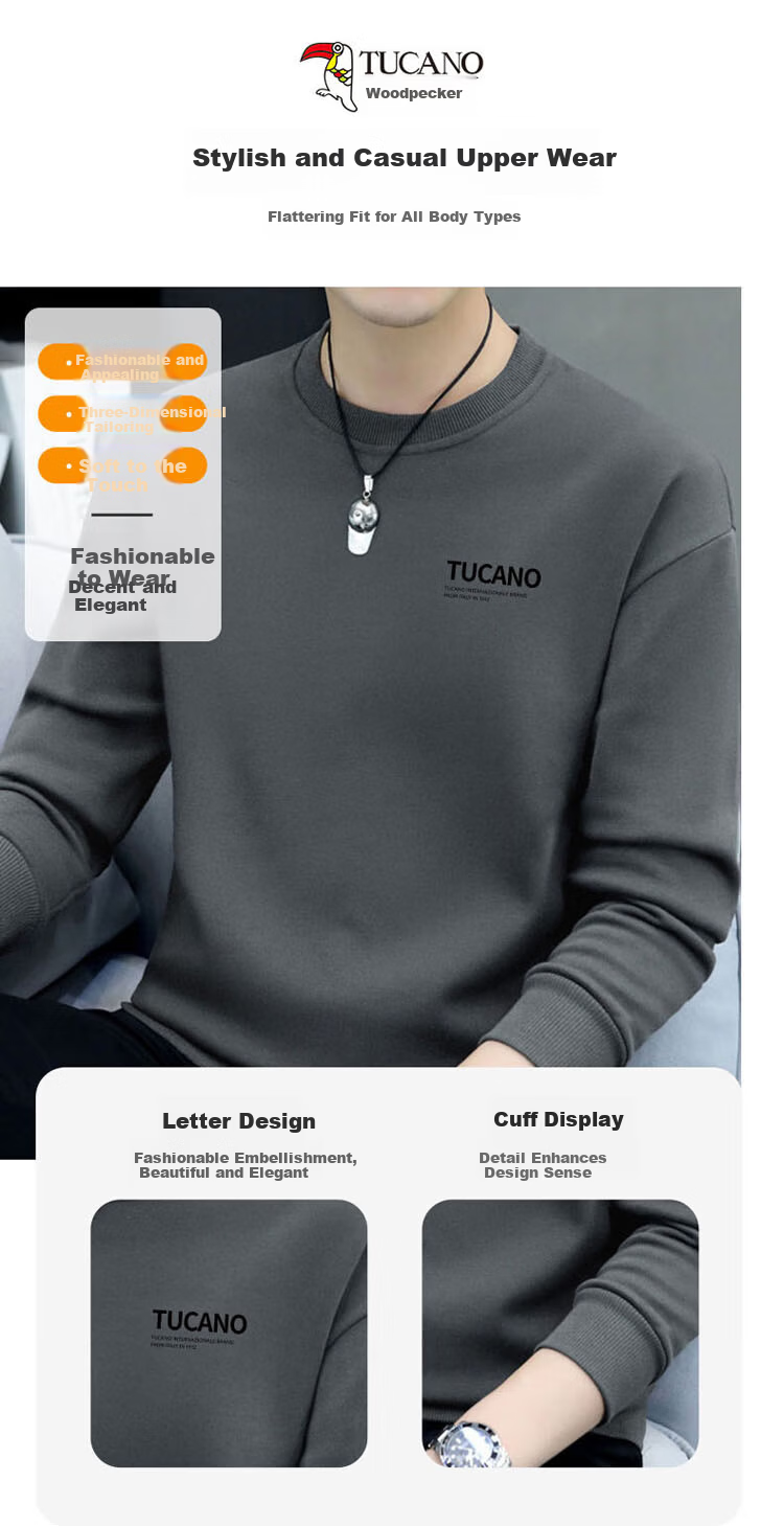 TUCANO Sweatshirt for Men, Spring And Autumn Round Neck Long Sleeve T-Shirt, Base Layer, Loose Casual Clothing, Jacket for Men's Wear, Black, 2XL 5