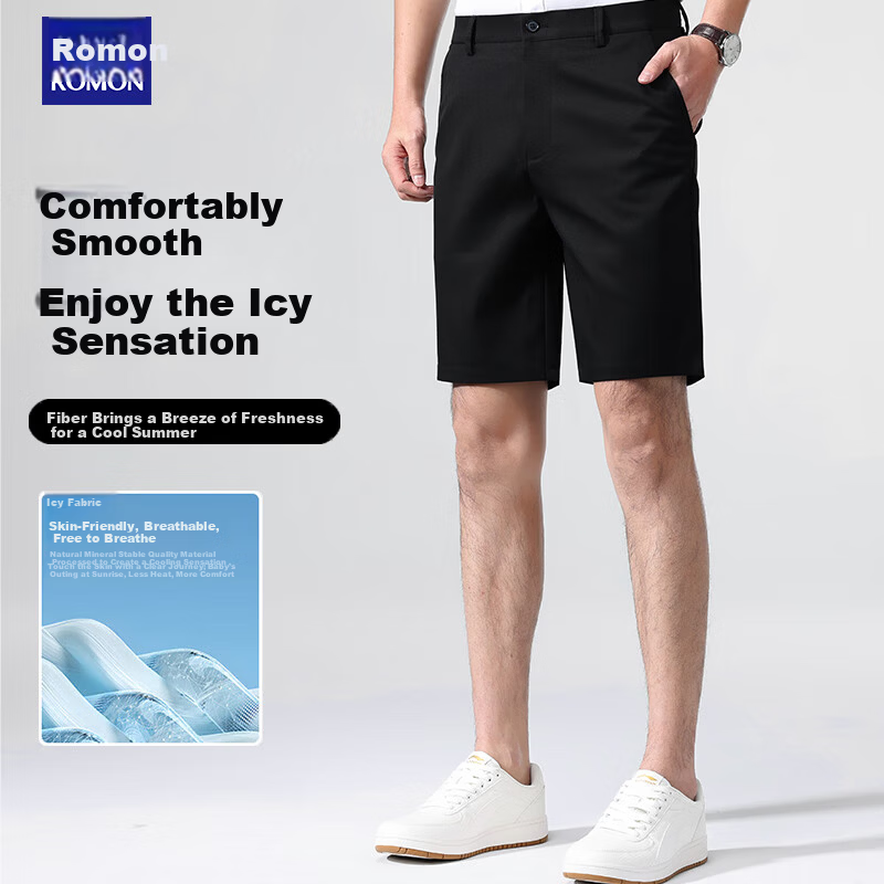 ROMON Men's Summer Ice-Feel Skin-Friendly Business Casual Breathable Quick-Dry Five-Point Shorts Black 35