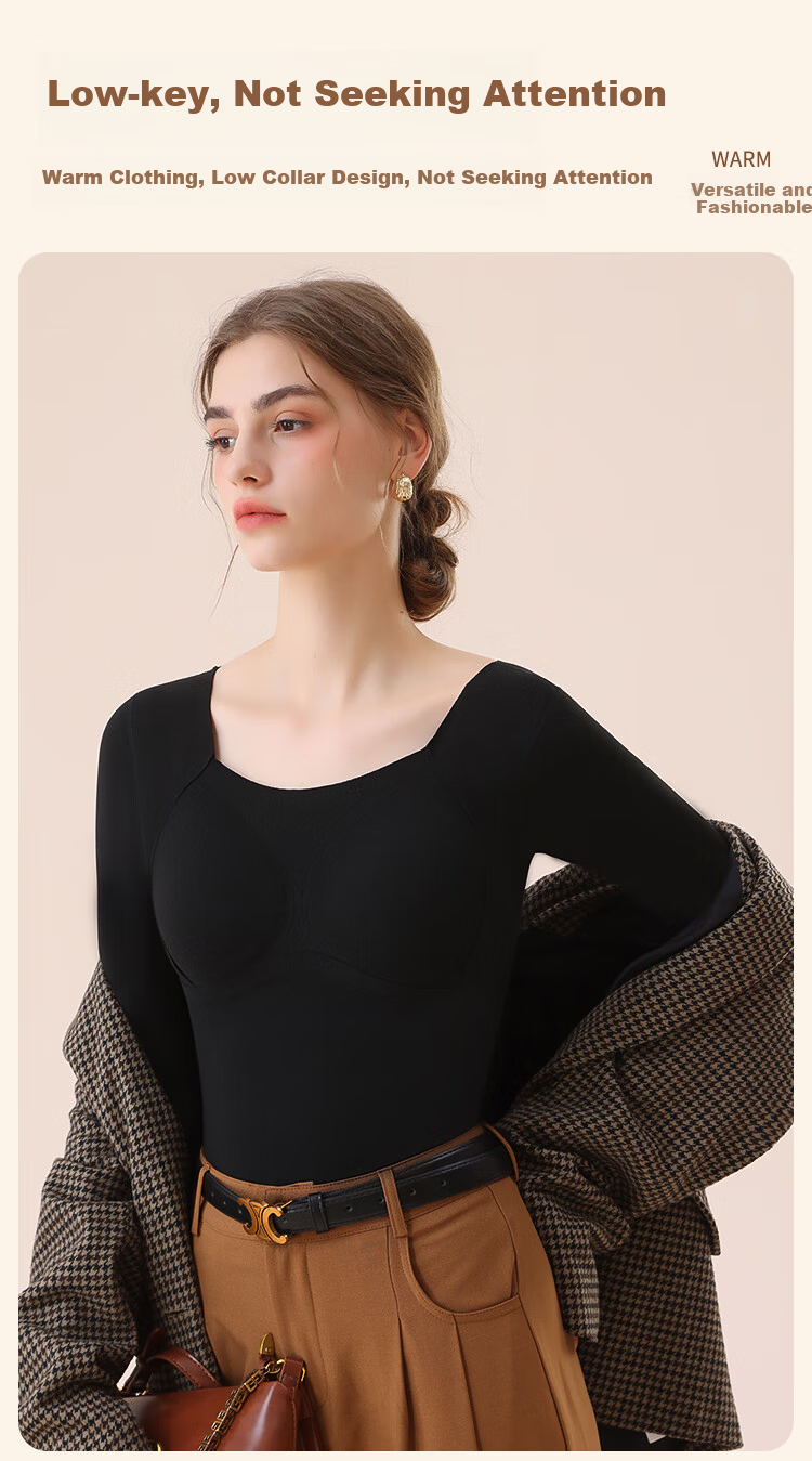 MiiOW Women's Thermal Underwear Autumn Shirt [Cationic Heat Storage] 7A Antibacterial with Chest Pad Autumn Winter Base Layer Top Coffee Color L 10